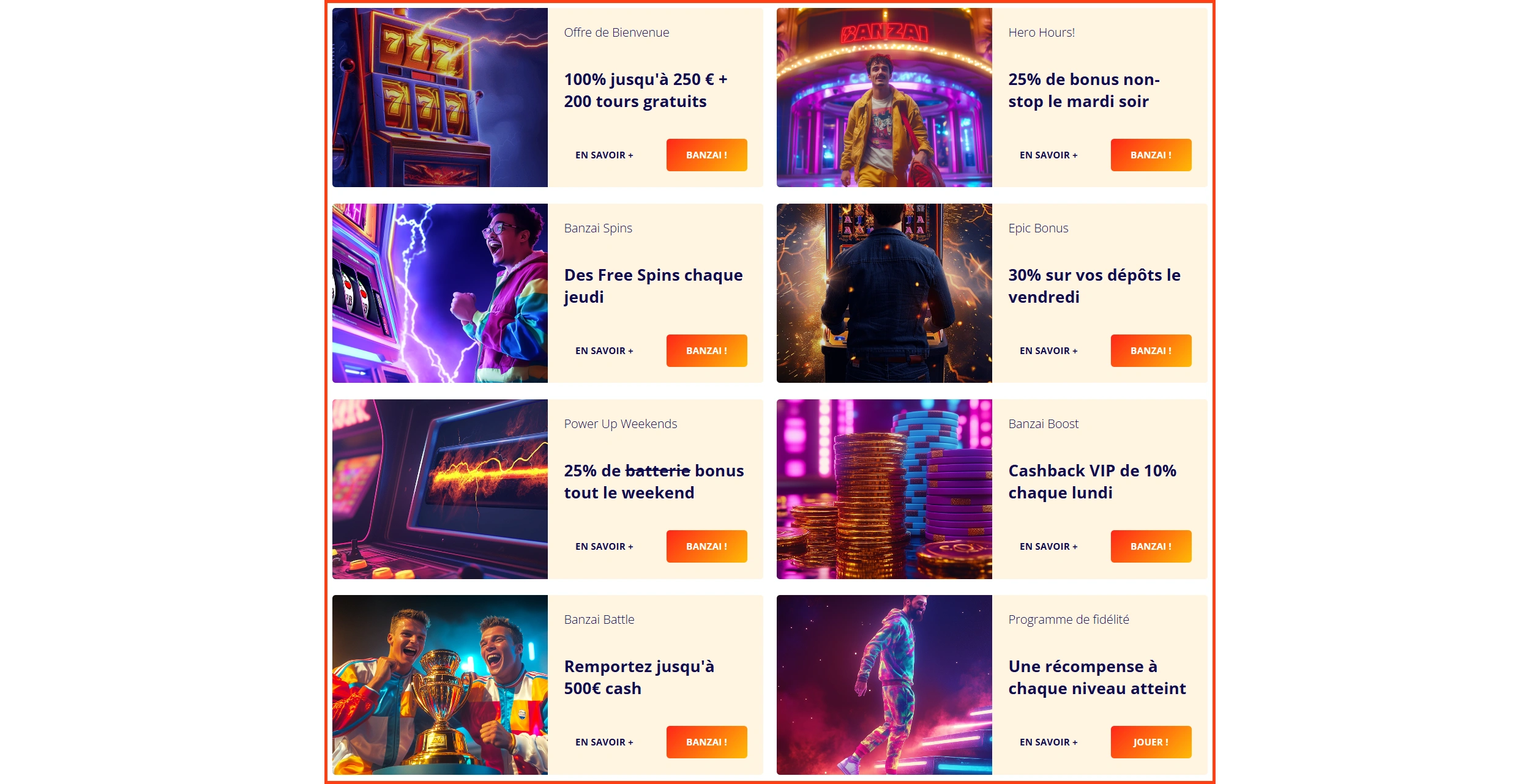 Bonus et Promotions chez Banzai Casino