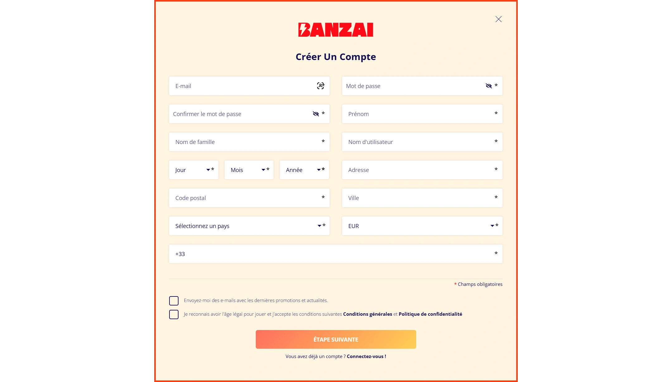 Processus d'inscription et Connexion chez Banzai Casino